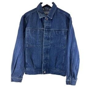 Lands End Vintage Denim Trucker Jacket Blue Button Pleated Mens Medium 38-40